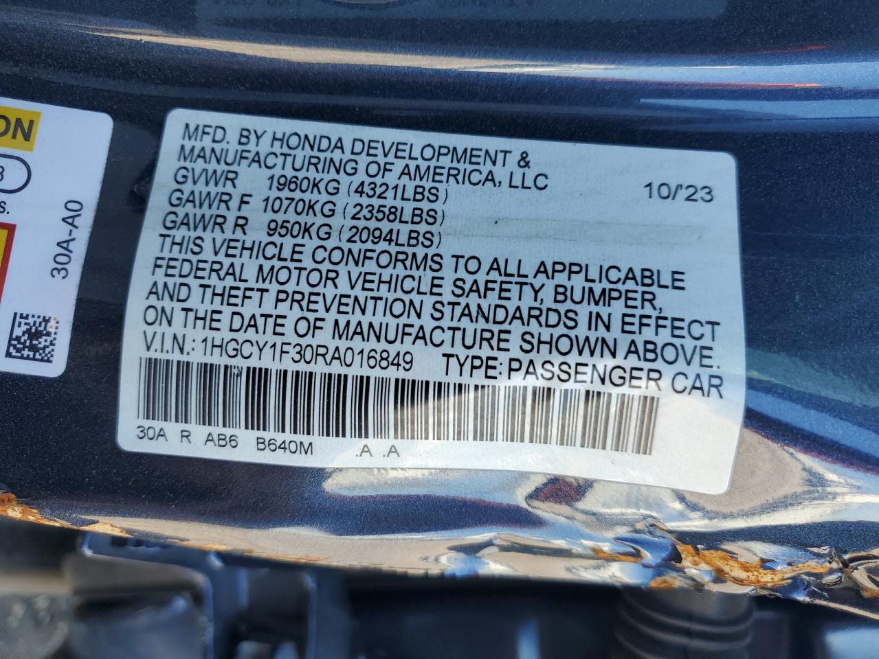 2024 HONDA ACCORD EX VIN:1HGCY1F30RA016849
