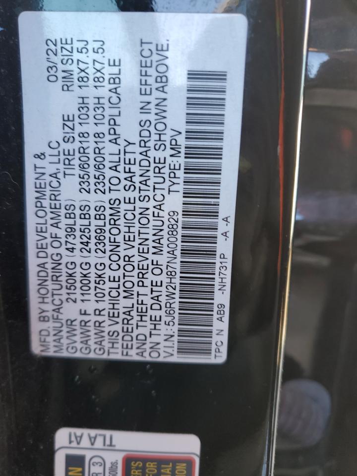 2022 HONDA CR-V EXL VIN:5J6RW2H87NA008829