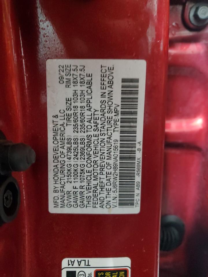 2022 HONDA CR-V EXL VIN:5J6RW2H89NA015619