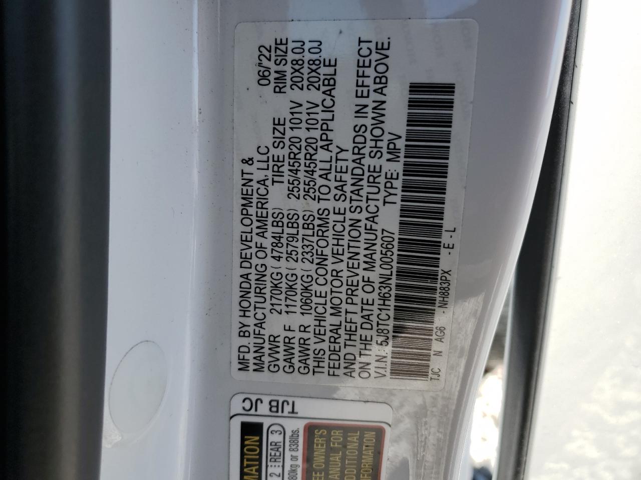 2022 ACURA RDX A-SPEC VIN:5J8TC1H63NL005607