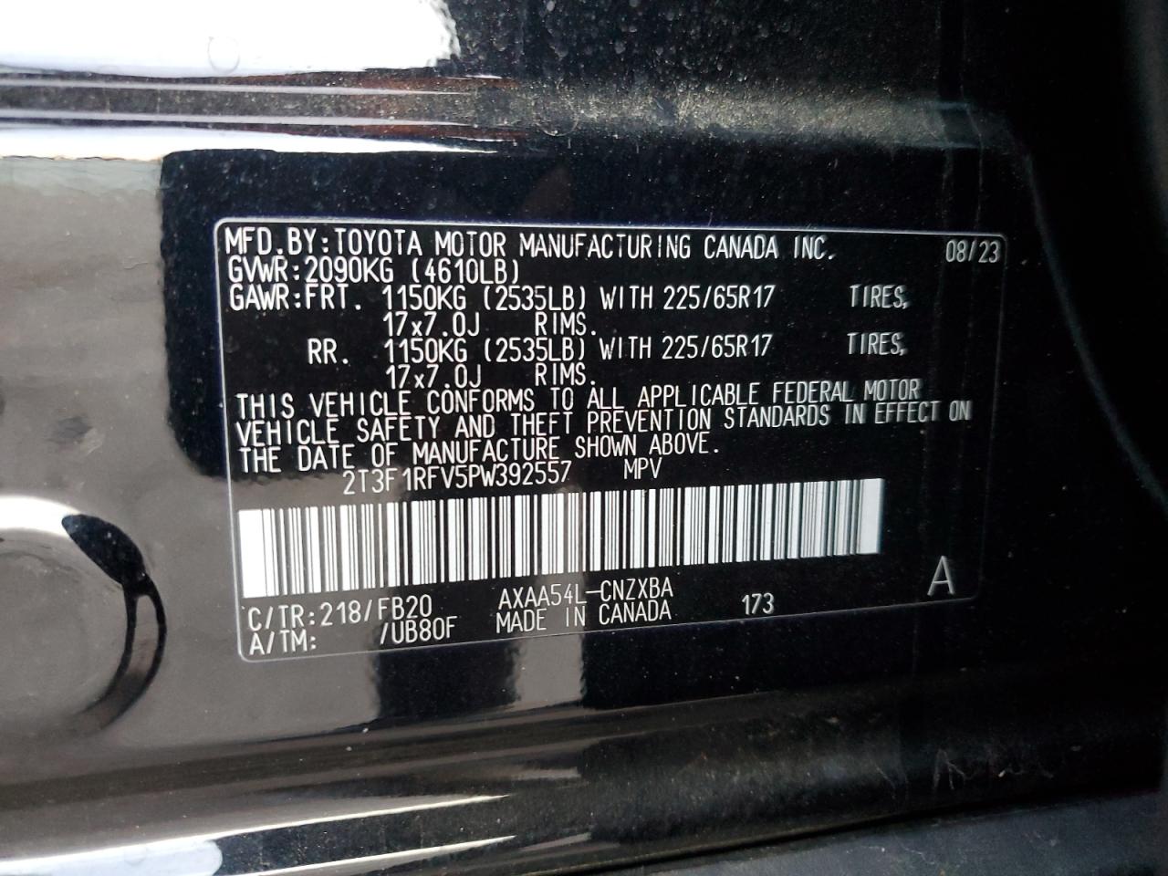 2023 TOYOTA RAV4 LE VIN:2T3F1RFV5PW392557