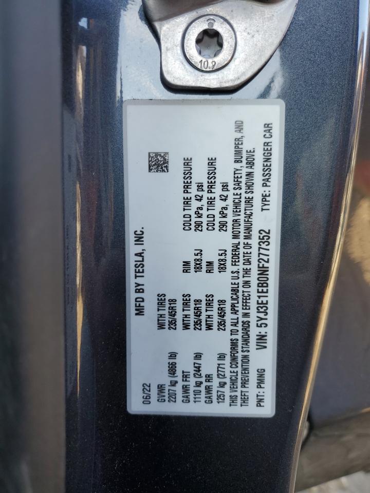 2022 TESLA MODEL 3 VIN:5YJ3E1EB0NF277352