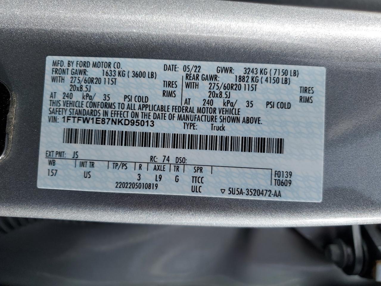 2022 FORD F150 SUPERCREW VIN:1FTFW1E87NKD95013