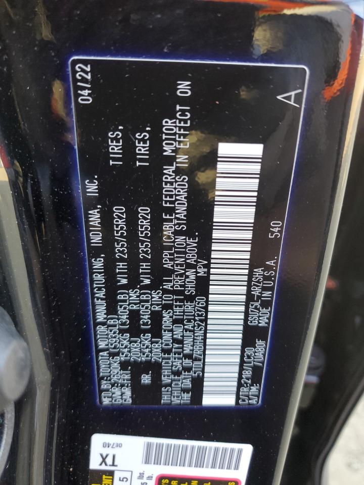 2022 TOYOTA HIGHLANDER XSE VIN:5TDLZRBH4NS213760