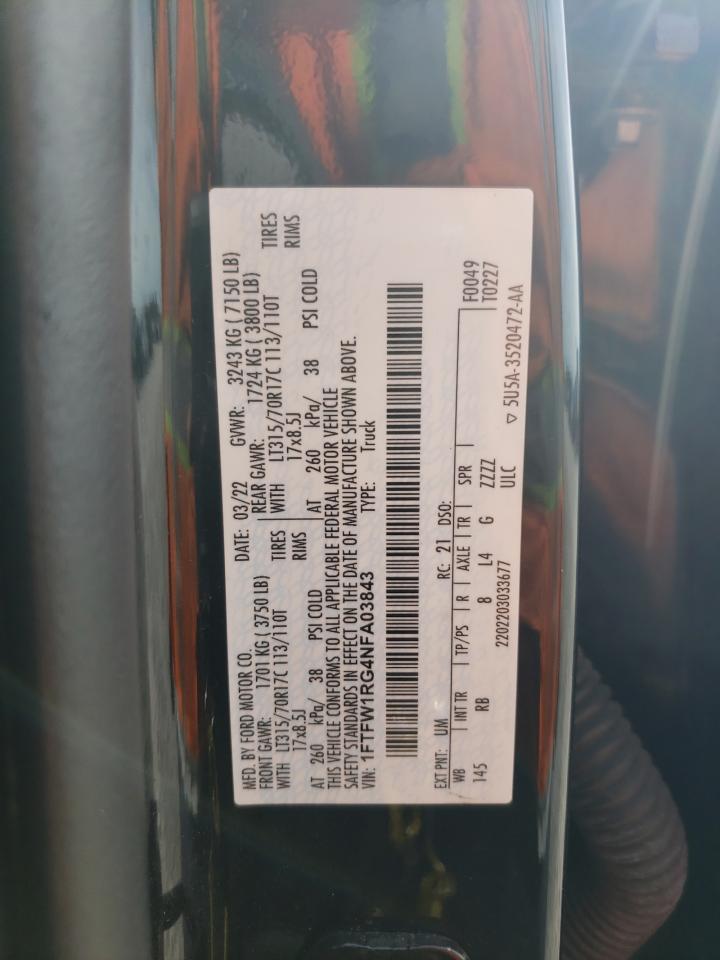 2022 FORD F150 RAPTOR VIN:1FTFW1RG4NFA03843