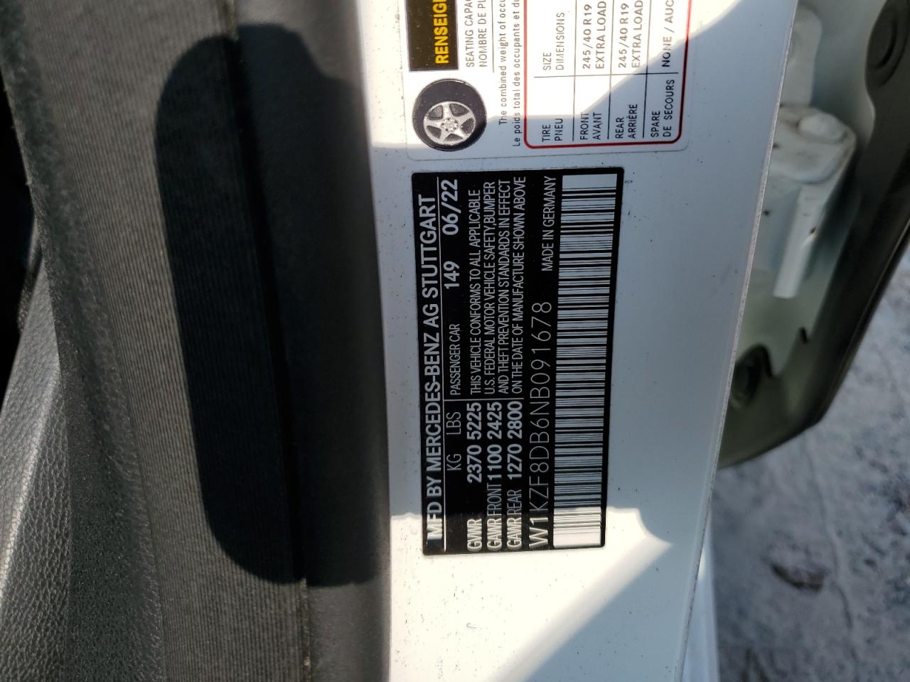 2022 MERCEDES-BENZ E 350 VIN:W1KZF8DB6NB091678