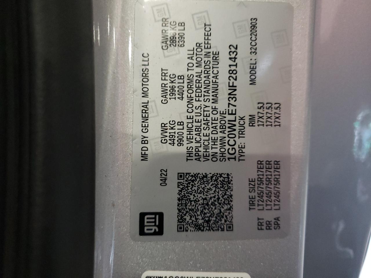 2022 CHEVROLET SILVERADO C2500 HEAVY DUTY VIN:1GC0WLE73NF281432