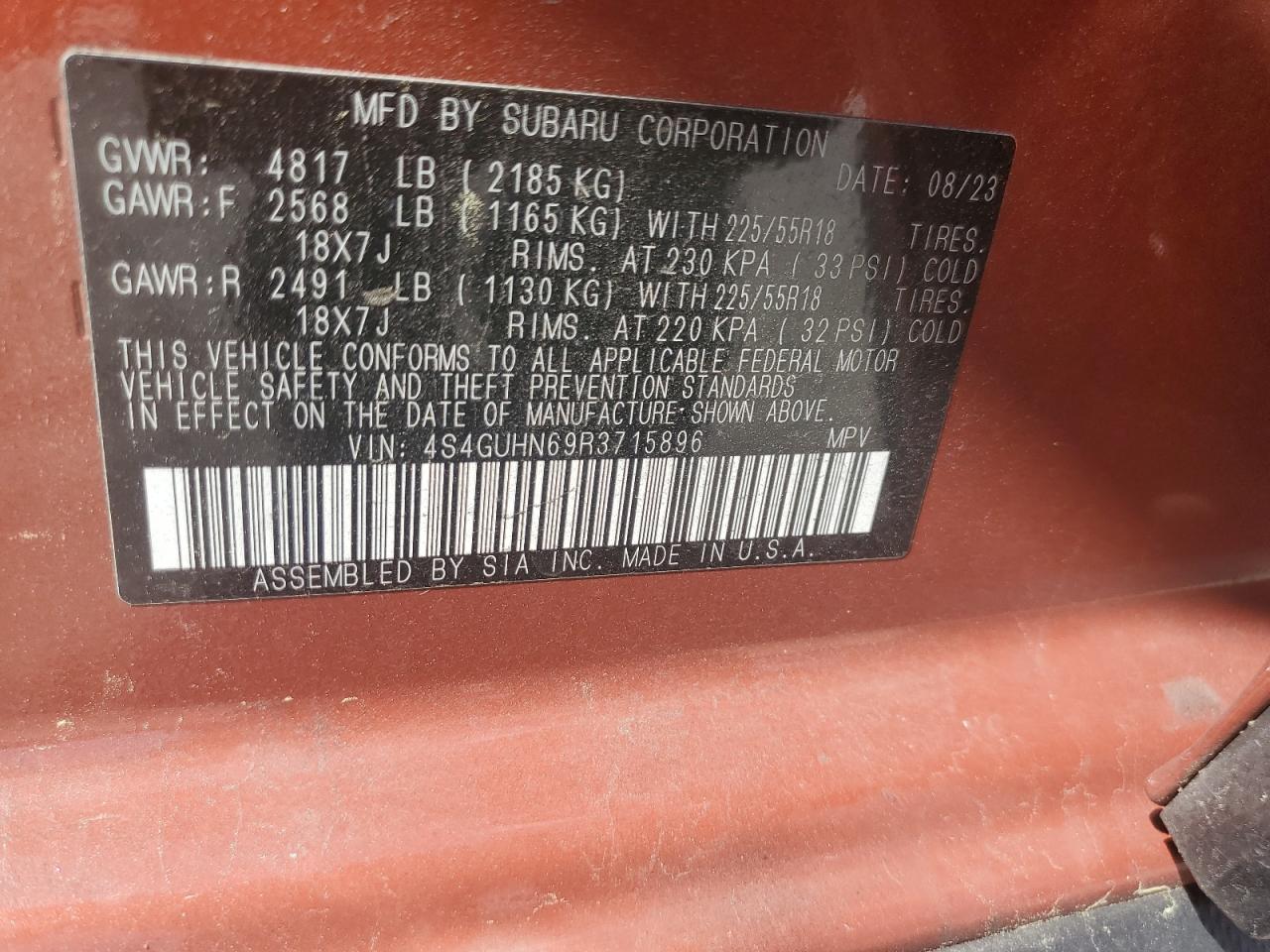 2024 SUBARU CROSSTREK LIMITED VIN:4S4GUHN69R3715896