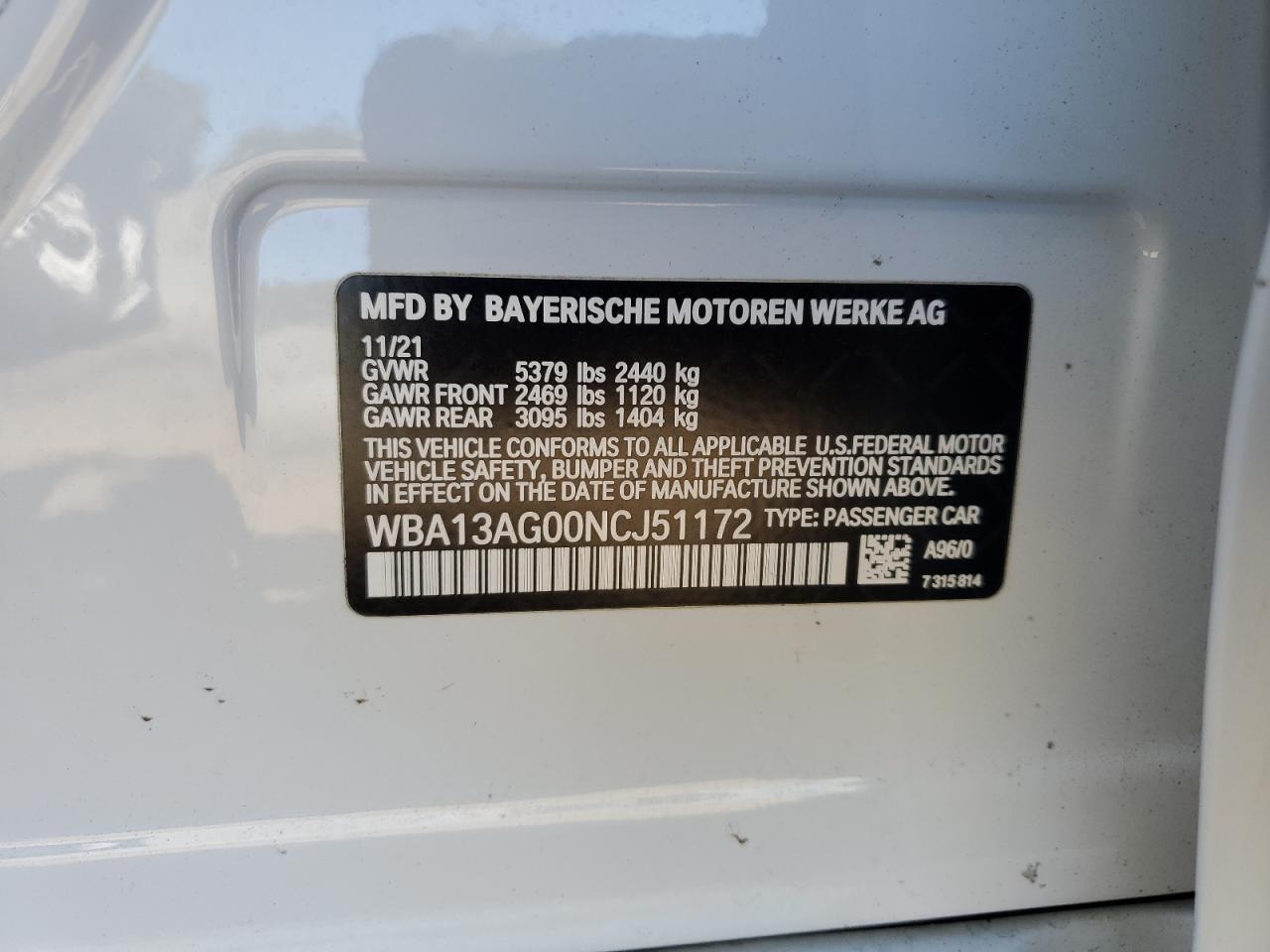 2022 BMW 530E VIN:WBA13AG00NCJ51172