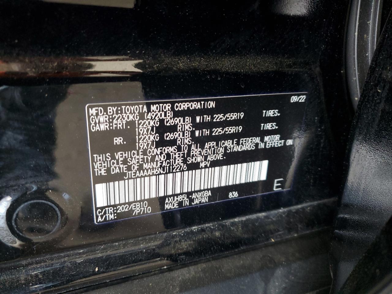 2022 TOYOTA VENZA LE VIN:JTEAAAAH6NJ112276