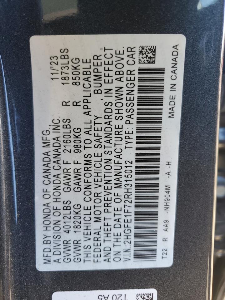 2024 HONDA CIVIC EX VIN:2HGFE1F72RH315012