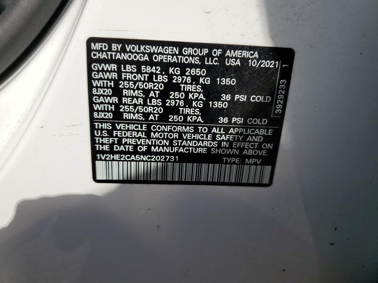 2022 VOLKSWAGEN ATLAS CROSS SPORT SE VIN:1V2HE2CA5NC202731