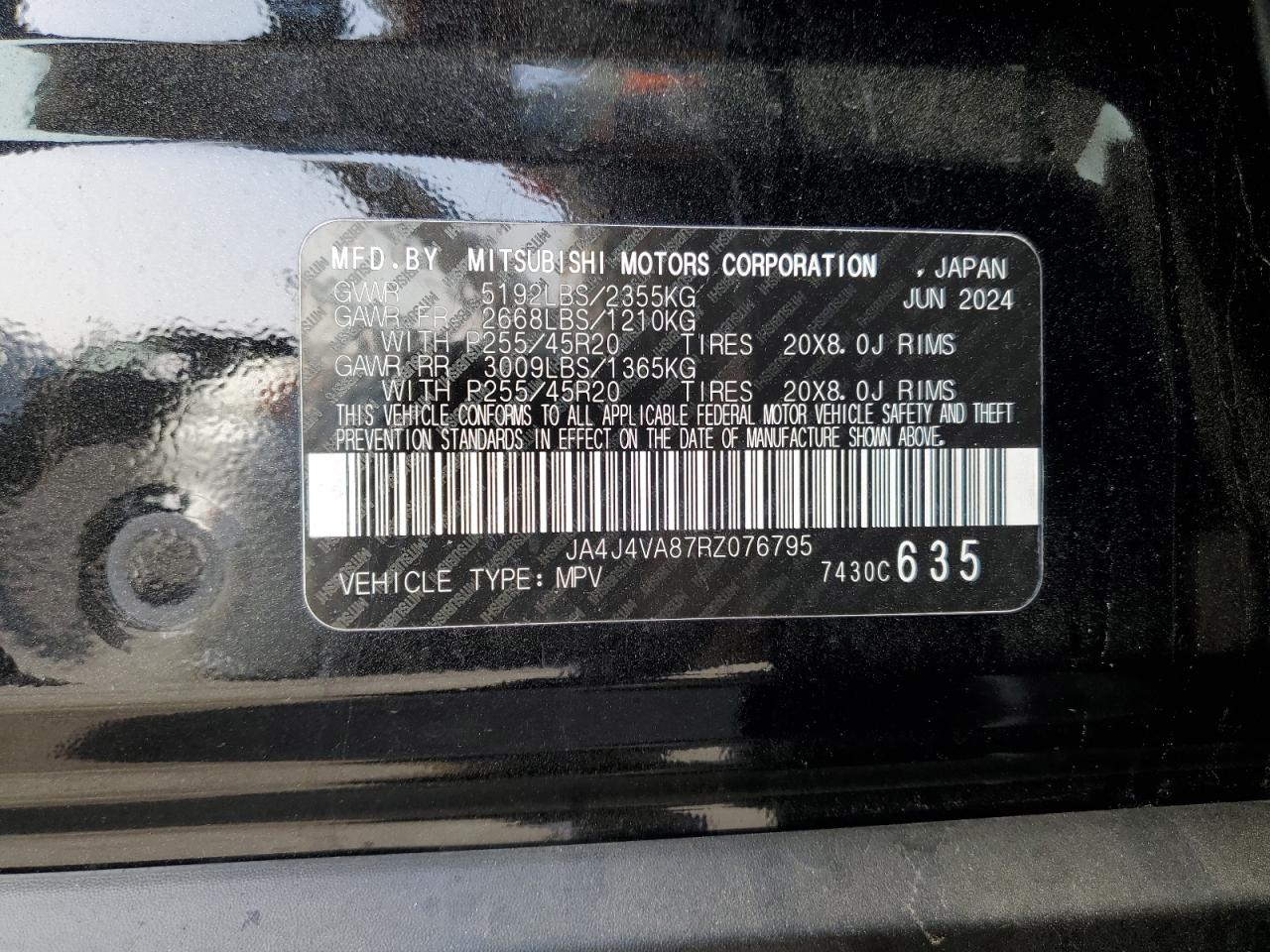 2024 MITSUBISHI OUTLANDER SE VIN:JA4J4VA87RZ076795