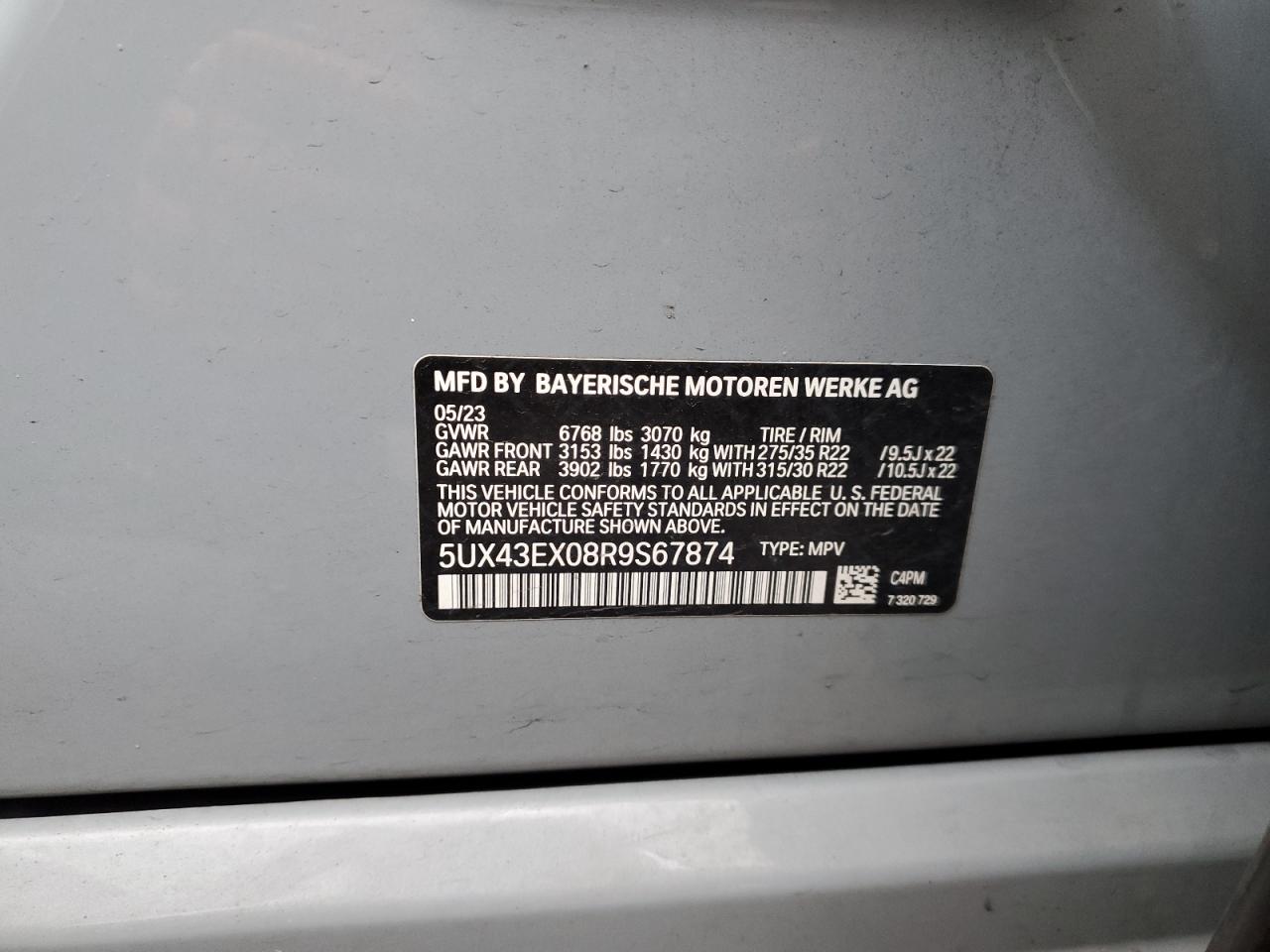 2024 BMW X6 M60I VIN:5UX43EX08R9S67874