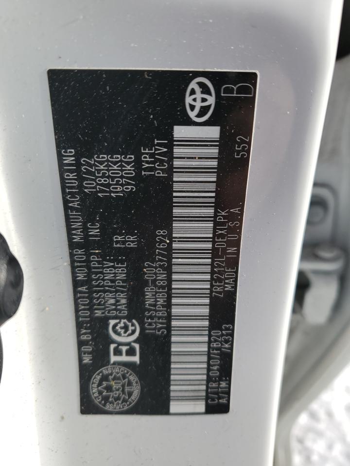 2022 TOYOTA COROLLA LE VIN:5YFBPMBE8NP377628