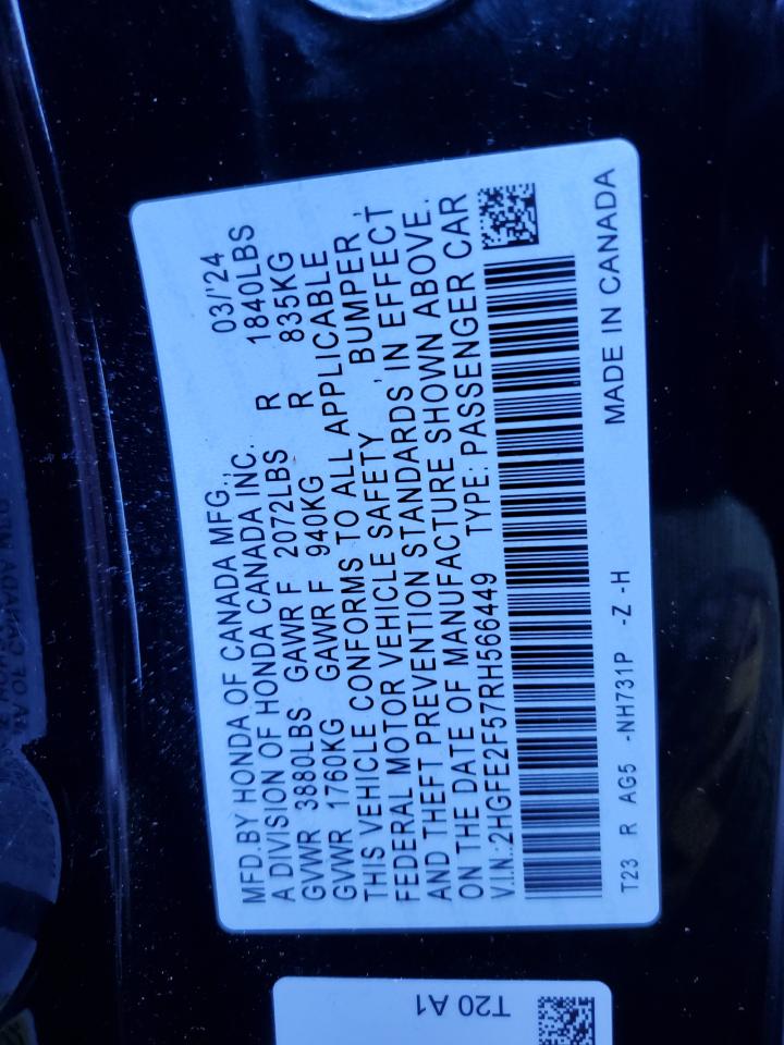 2024 HONDA CIVIC SPORT VIN:2HGFE2F57RH566449