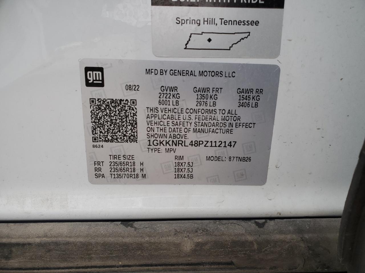 2023 GMC ACADIA SLE VIN:1GKKNRL48PZ112147