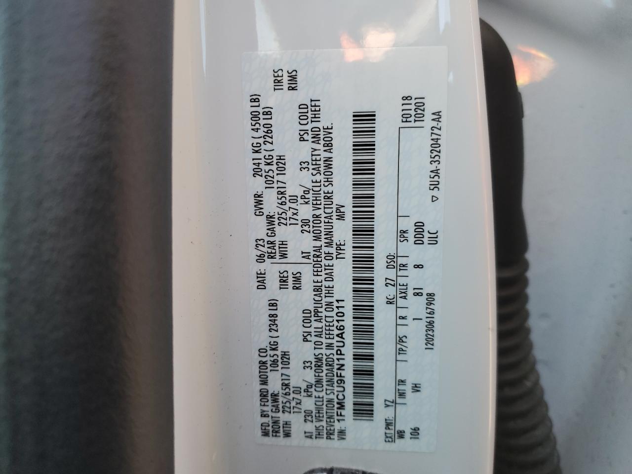 2023 FORD ESCAPE VIN:1FMCU9FN1PUA61011