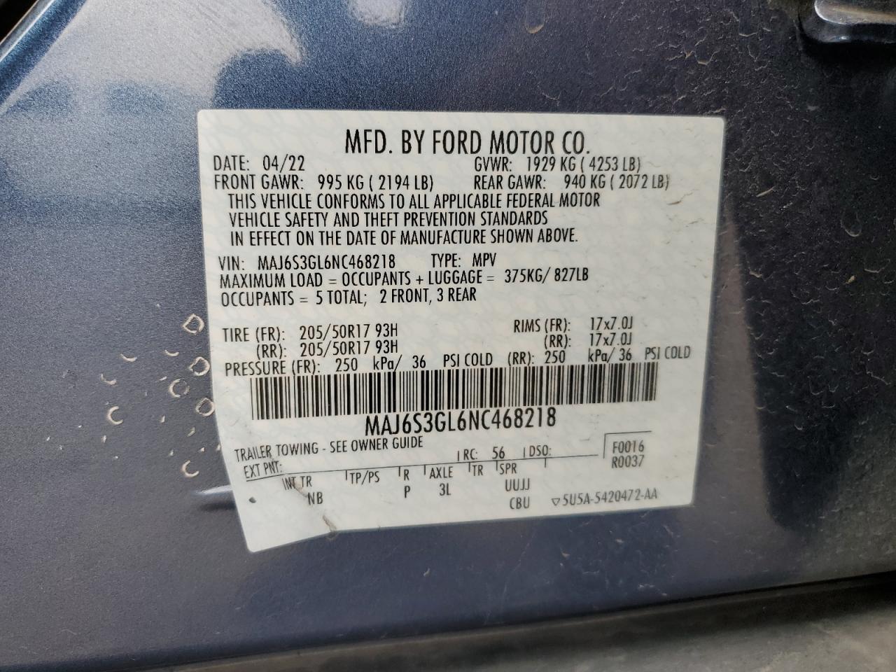 2022 FORD ECOSPORT SE VIN:MAJ6S3GL6NC468218