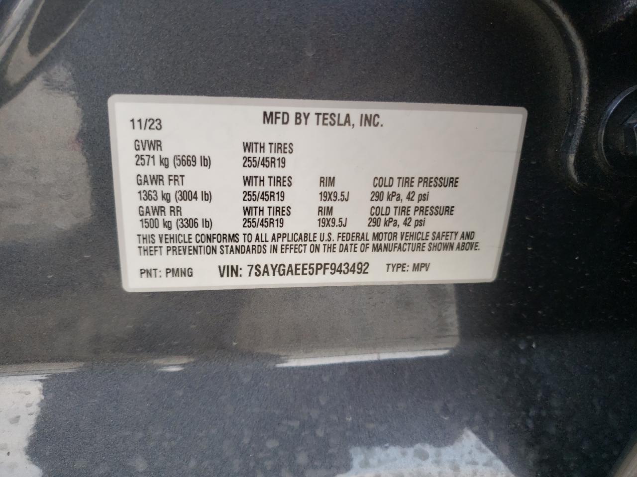 2023 TESLA MODEL Y VIN:7SAYGAEE5PF943492