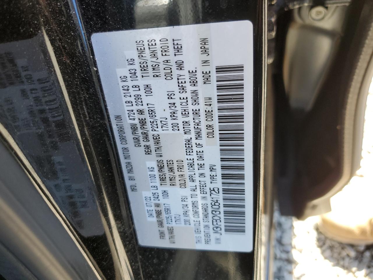 2022 MAZDA CX-5 PREFERRED VIN:JM3KFBCM3N0641725
