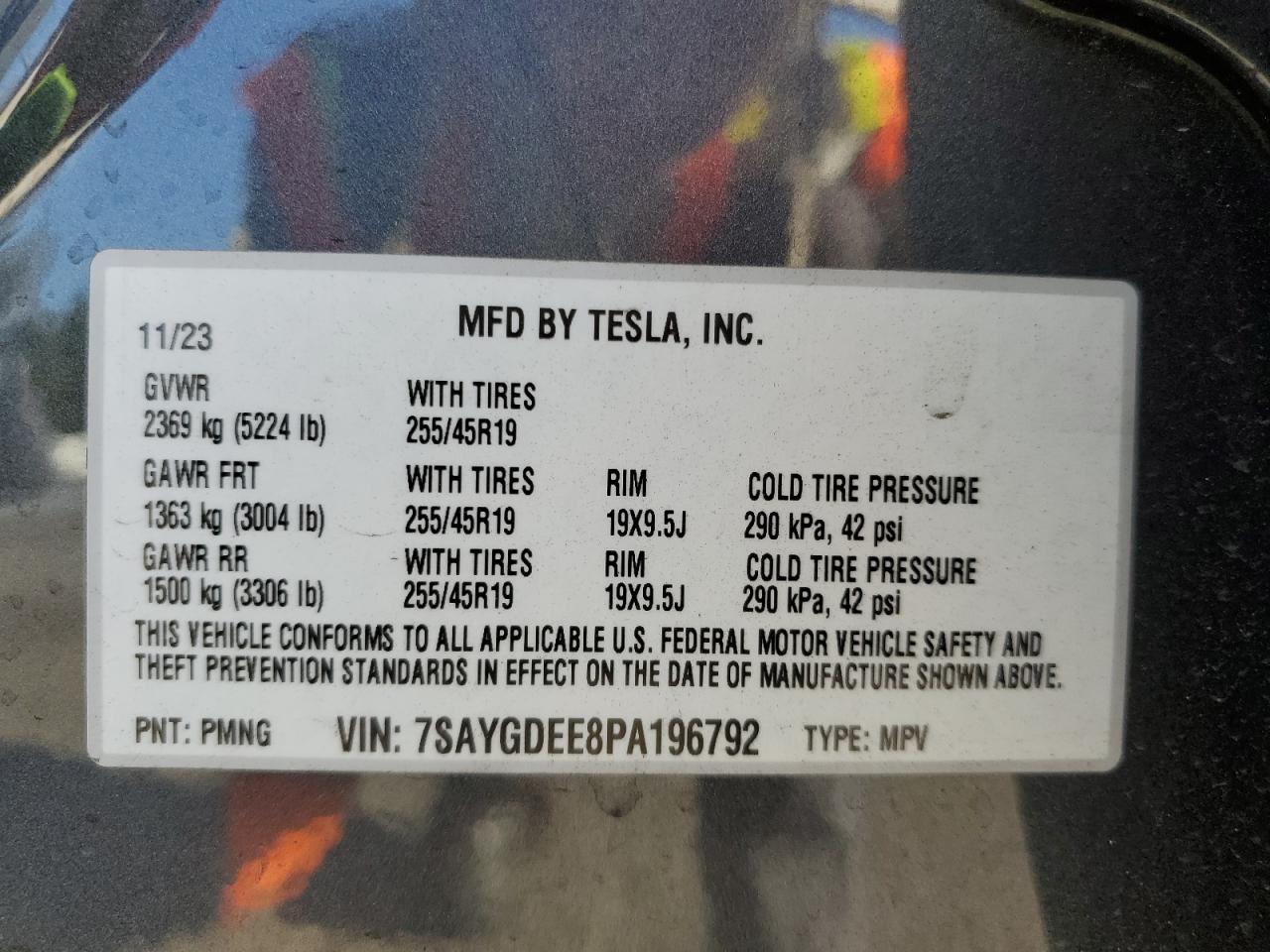 2023 TESLA MODEL Y VIN:7SAYGDEE8PA196792