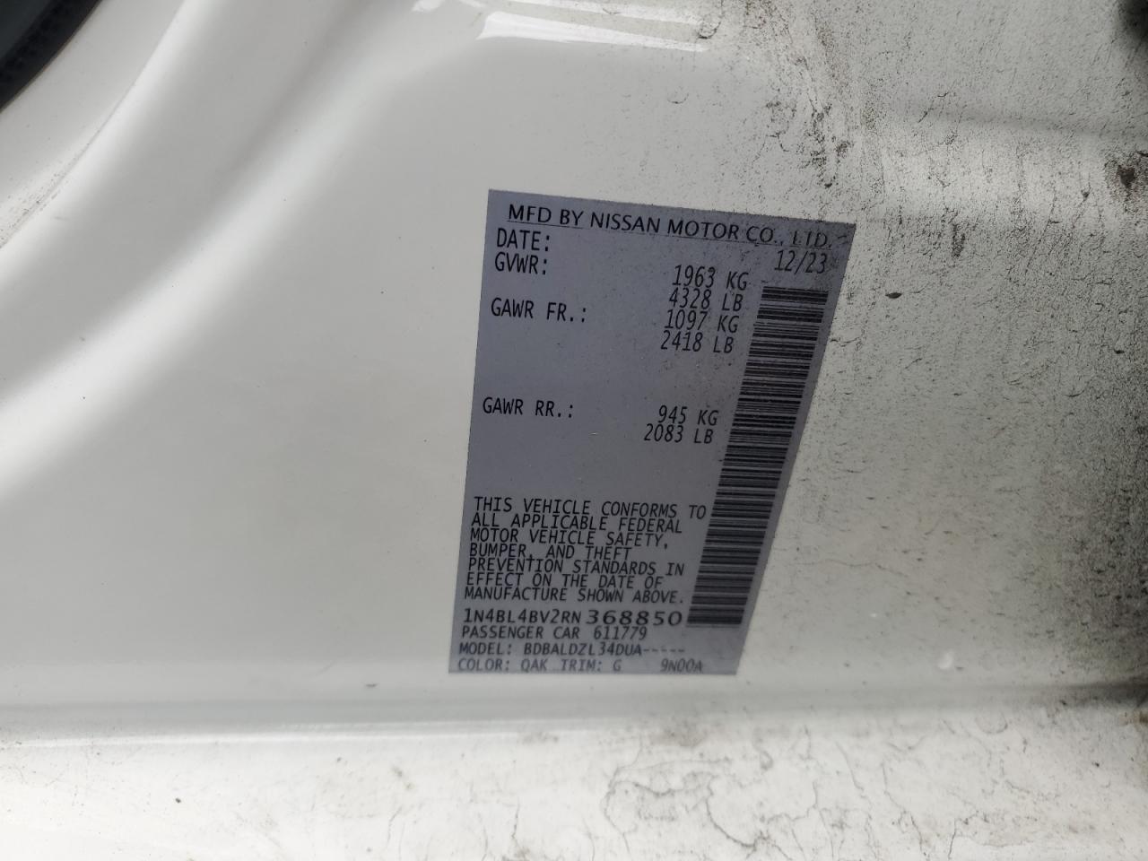 2024 NISSAN ALTIMA S VIN:1N4BL4BV2RN368850