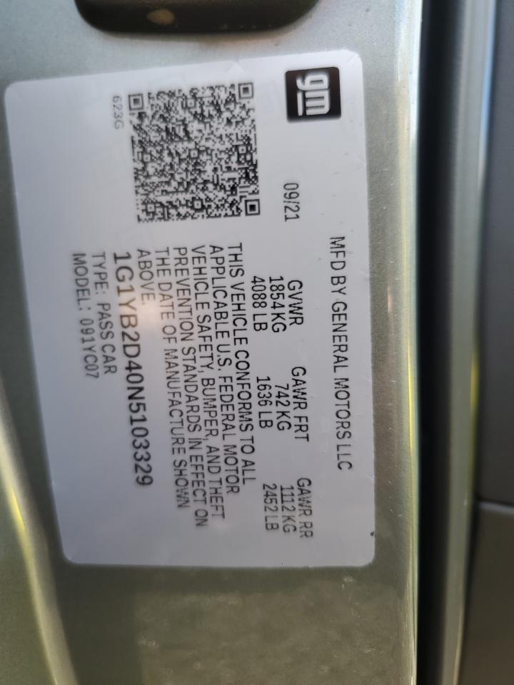 2022 CHEVROLET CORVETTE STINGRAY 2LT VIN:1G1YB2D40N5103329