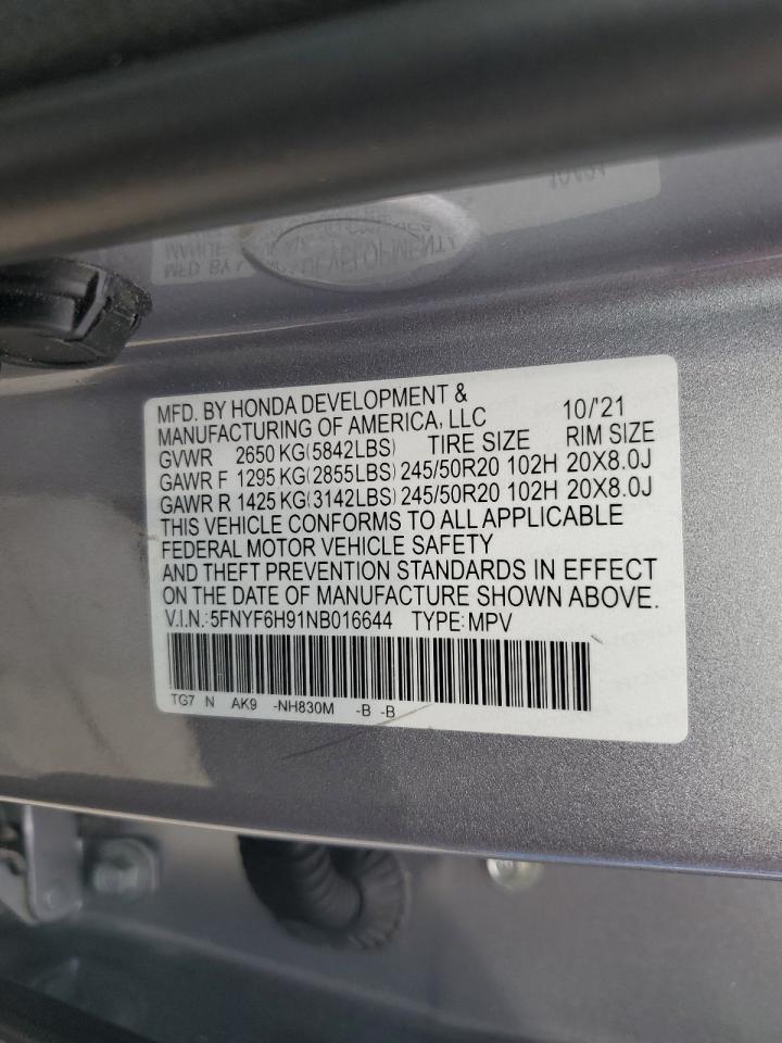 2022 HONDA PILOT TOURING VIN:5FNYF6H91NB016644
