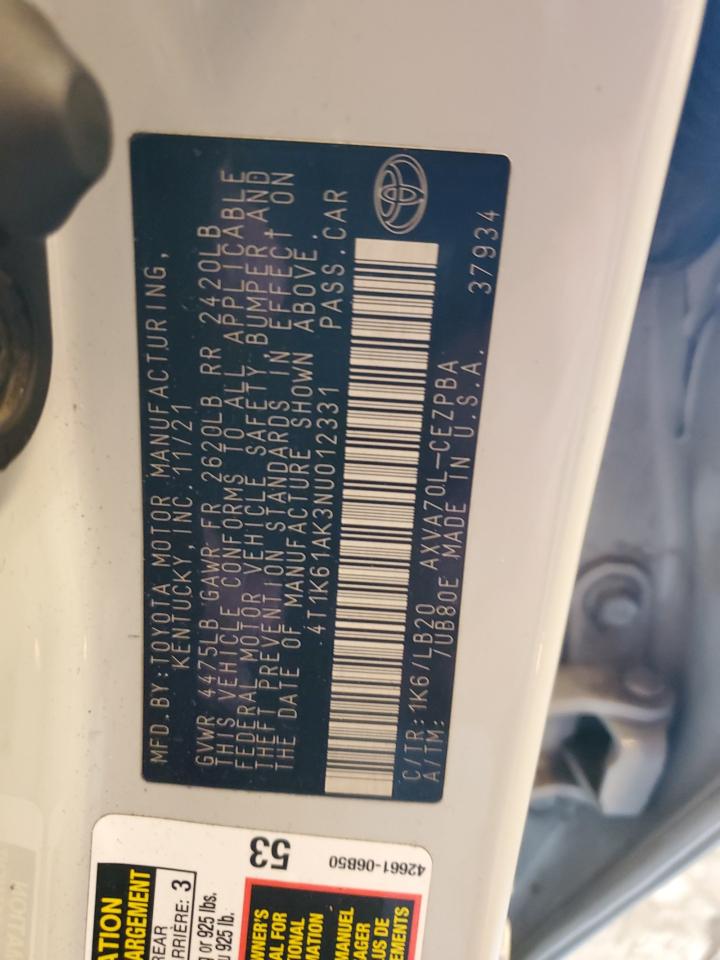 2022 TOYOTA CAMRY XSE VIN:4T1K61AK3NU012331