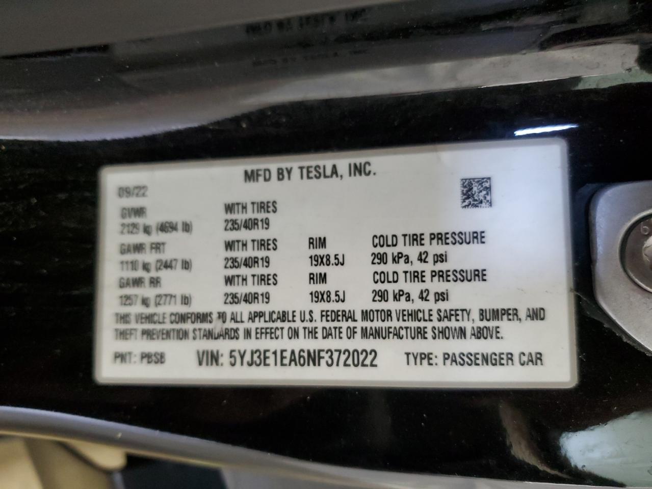 2022 TESLA MODEL 3 VIN:5YJ3E1EA6NF372022