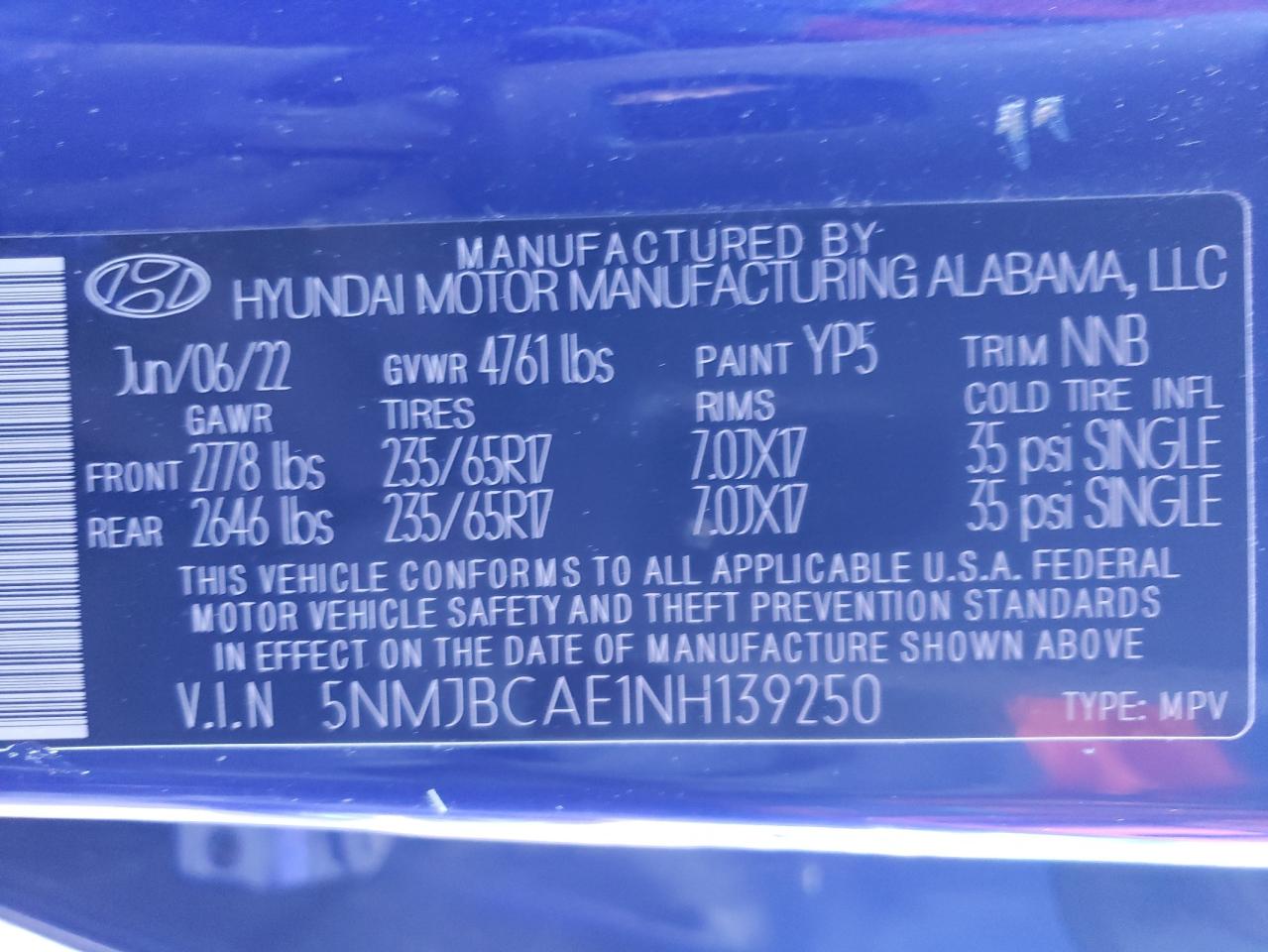 2022 HYUNDAI TUCSON SEL VIN:5NMJBCAE1NH139250