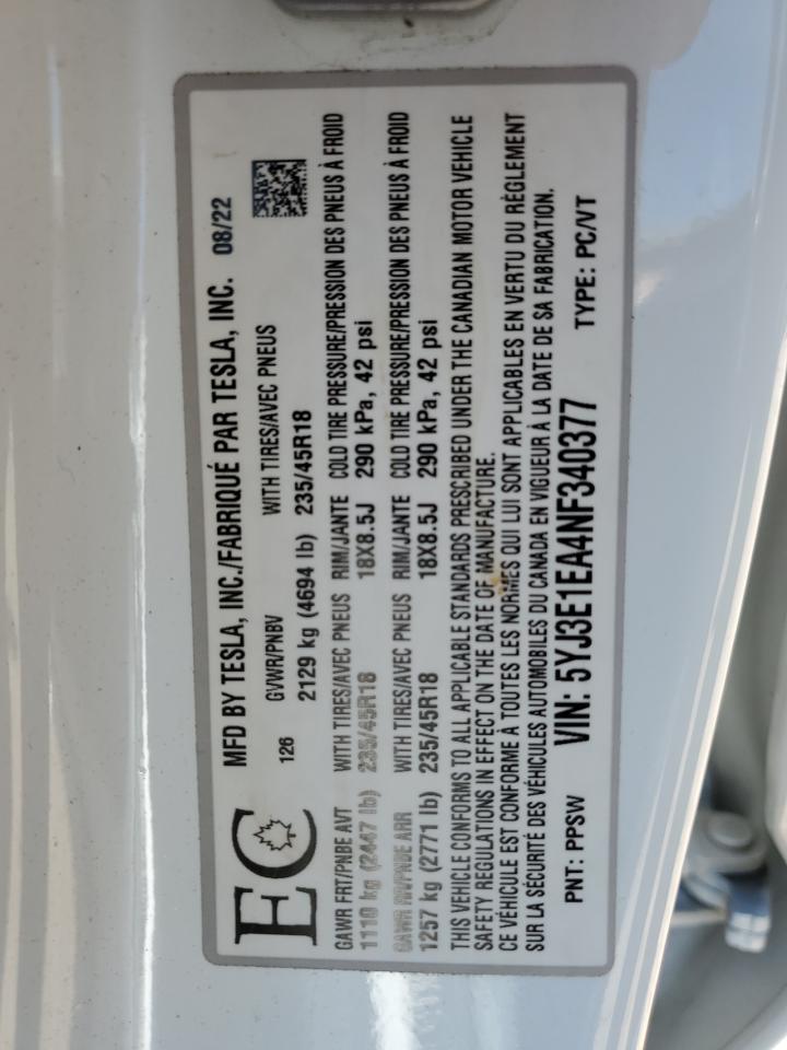 2022 TESLA MODEL 3 VIN:5YJ3E1EA4NF340377