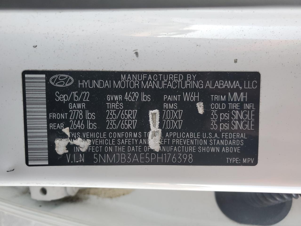 2023 HYUNDAI TUCSON SEL VIN:5NMJB3AE5PH176398