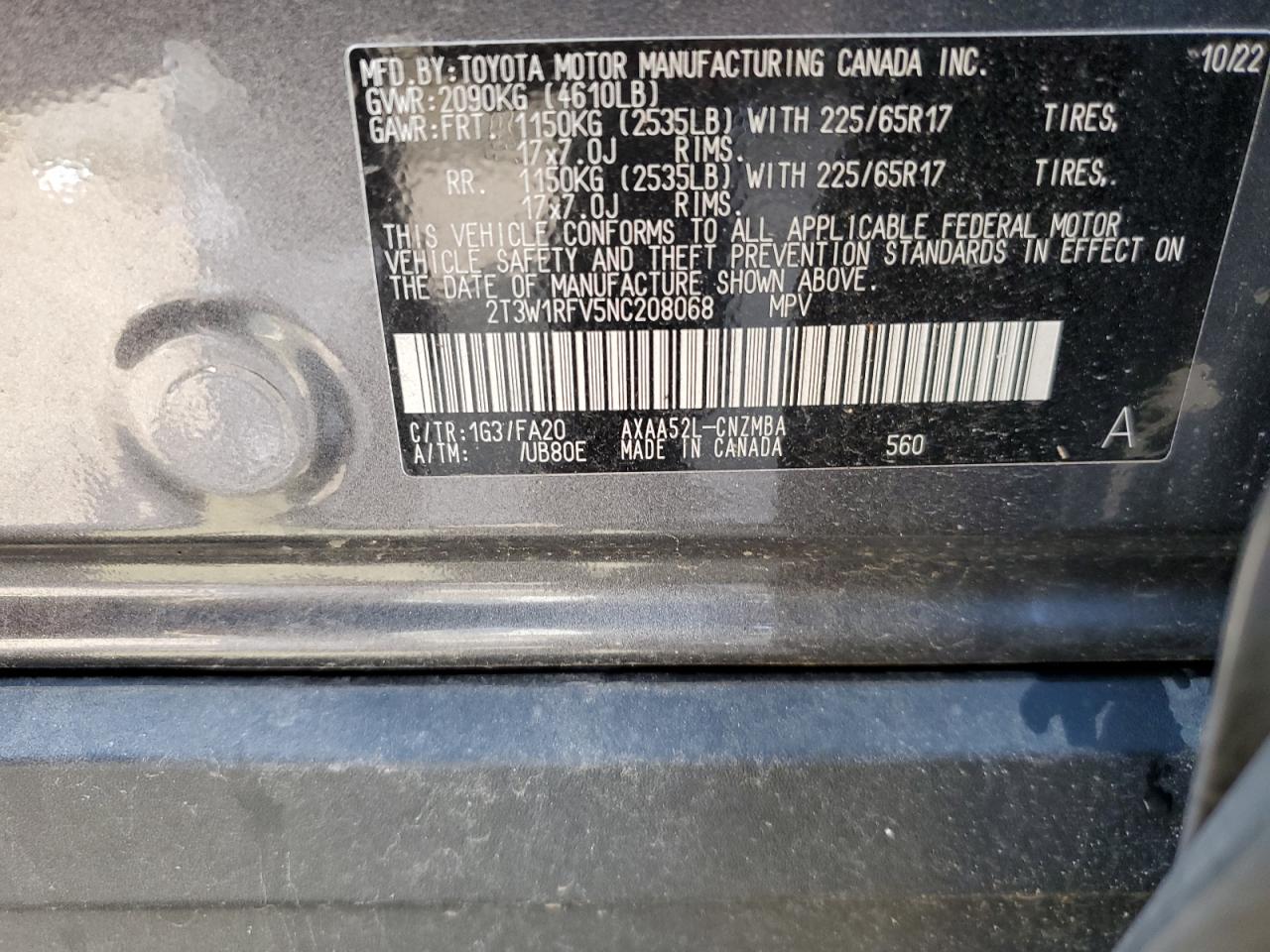 2022 TOYOTA RAV4 XLE VIN:2T3W1RFV5NC208068