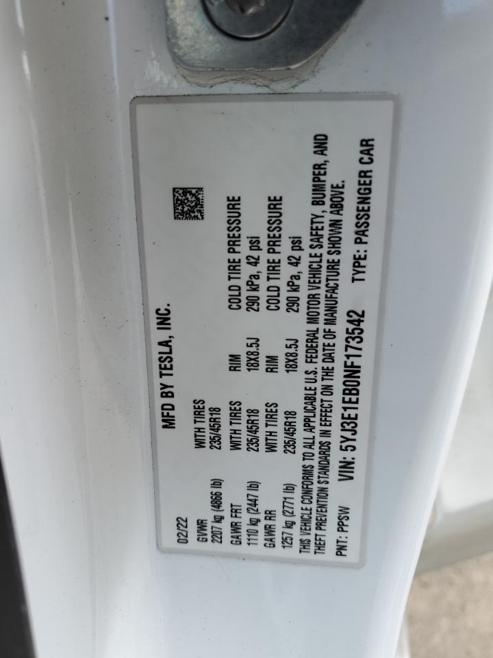 2022 TESLA MODEL 3 VIN:5YJ3E1EB0NF173542