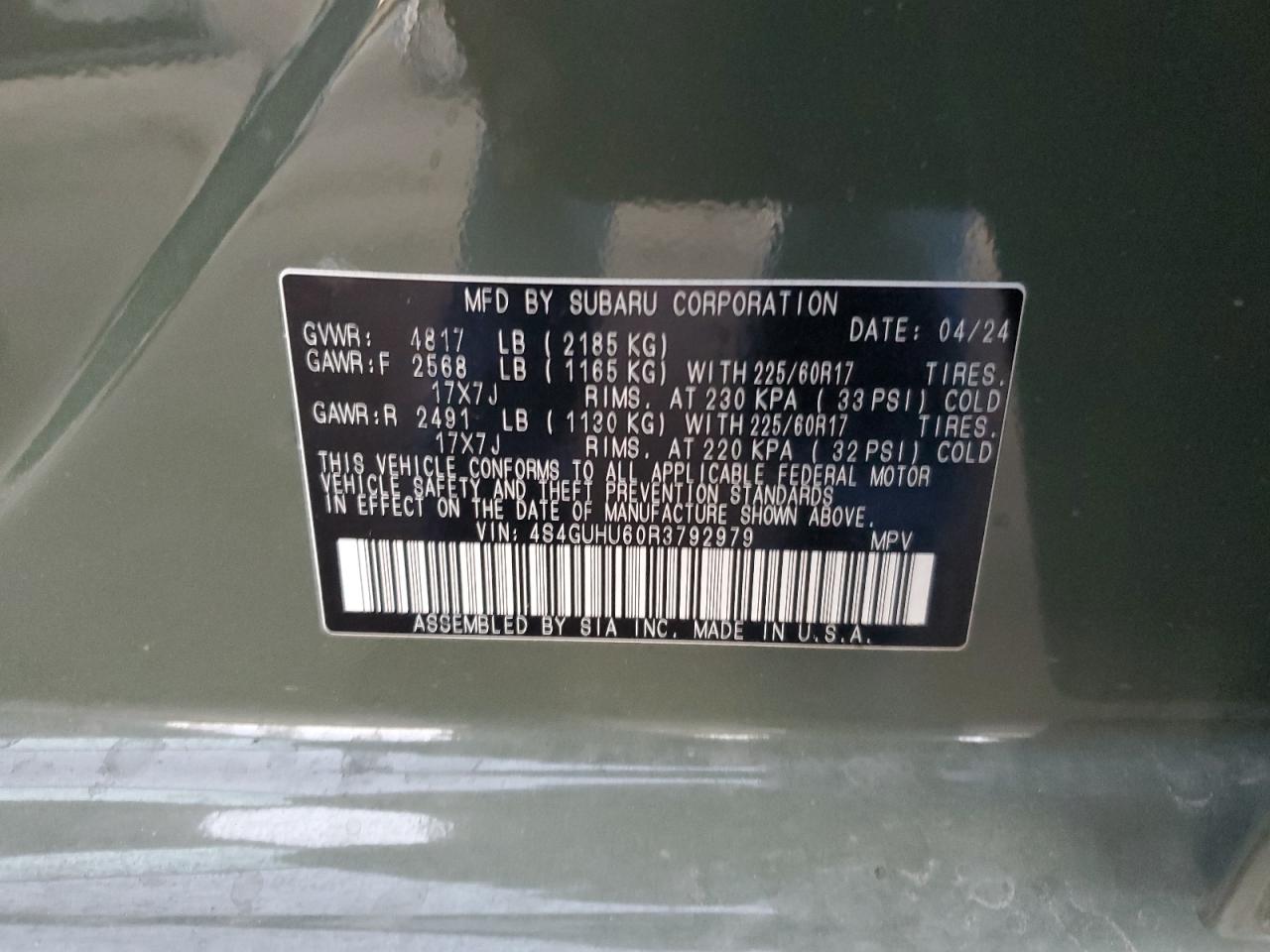 2024 SUBARU CROSSTREK WILDERNESS VIN:4S4GUHU60R3792979