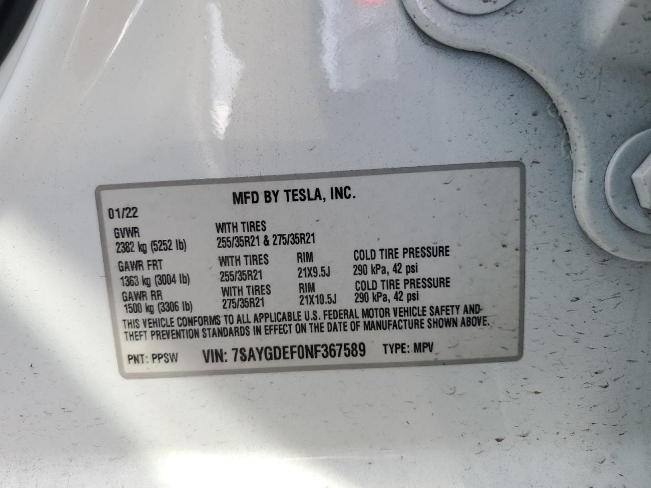 2022 TESLA MODEL Y VIN:7SAYGDEF0NF367589
