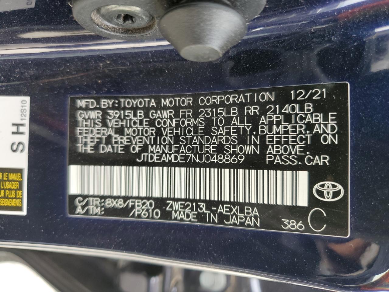 2022 TOYOTA COROLLA LE VIN:JTDEAMDE7NJ048869