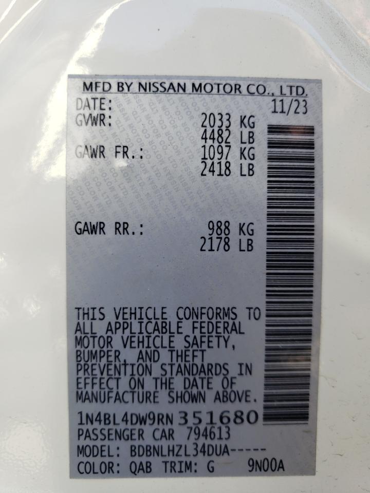 2024 NISSAN ALTIMA SV VIN:1N4BL4DW9RN351680