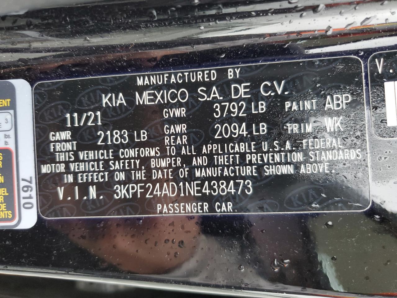 2022 KIA FORTE FE VIN:3KPF24AD1NE438473