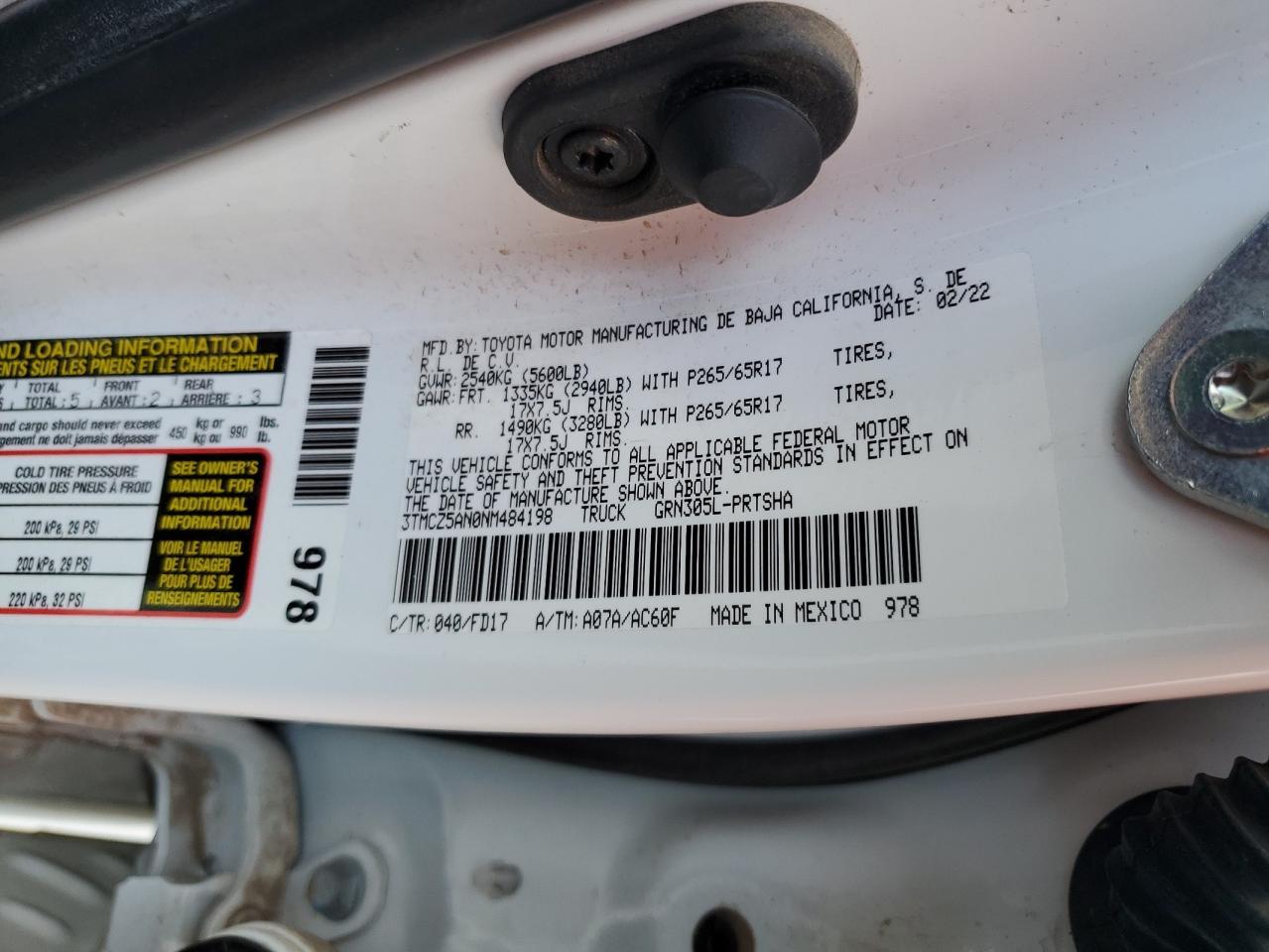 2022 TOYOTA TACOMA DOUBLE CAB VIN:3TMCZ5AN0NM484198