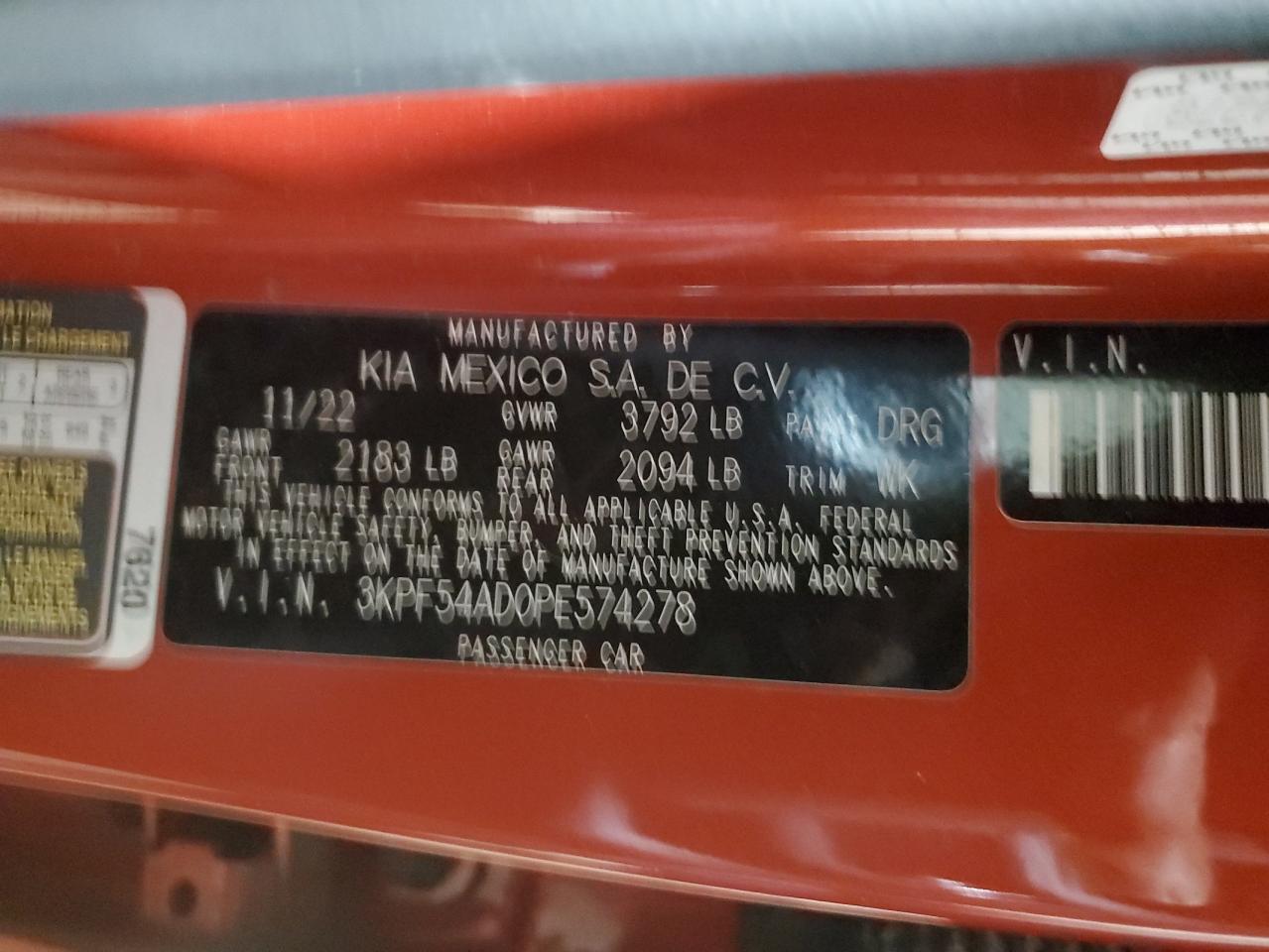 2023 KIA FORTE GT LINE VIN:3KPF54AD0PE574278