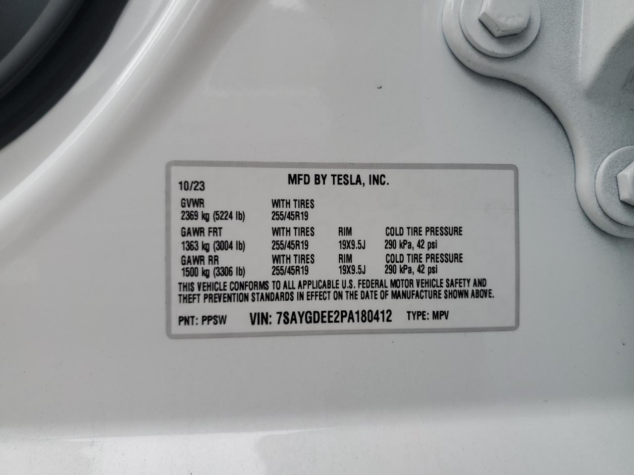 2023 TESLA MODEL Y VIN:7SAYGDEE2PA180412