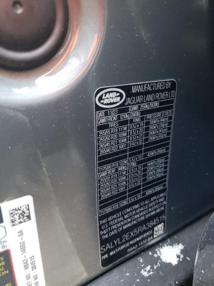 2024 LAND ROVER RANGE ROVER VELAR DYNAMIC SE VIN:SALYL2EX5RA384515