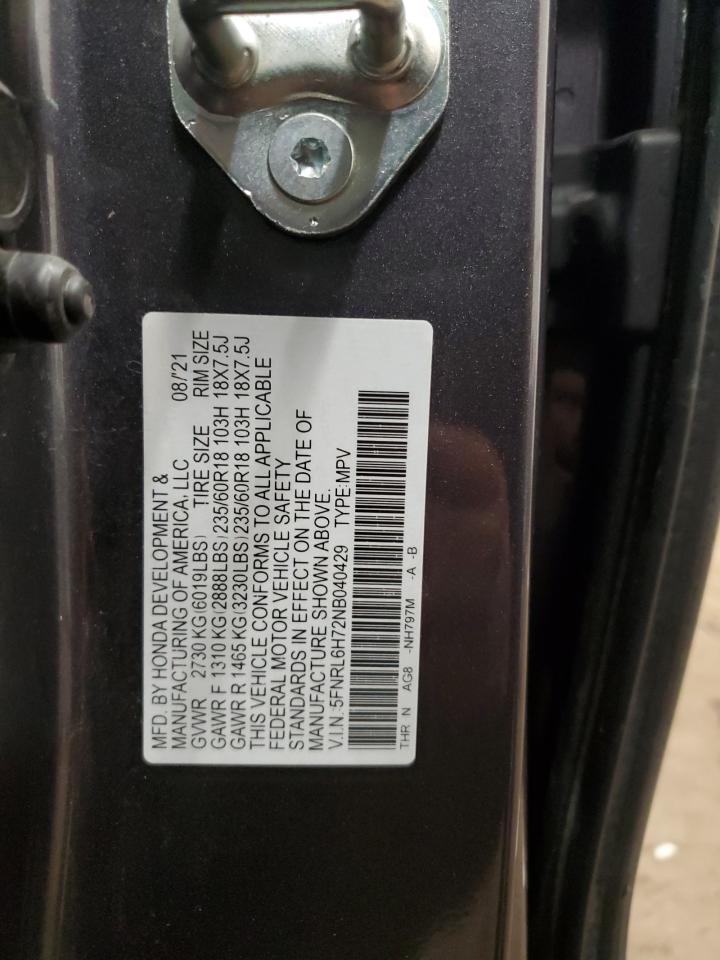 2022 HONDA ODYSSEY EXL VIN:5FNRL6H72NB040429