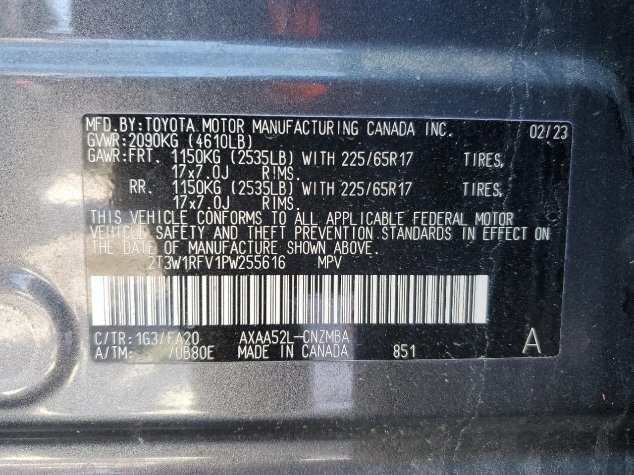 2023 TOYOTA RAV4 XLE VIN:2T3W1RFV1PW255616