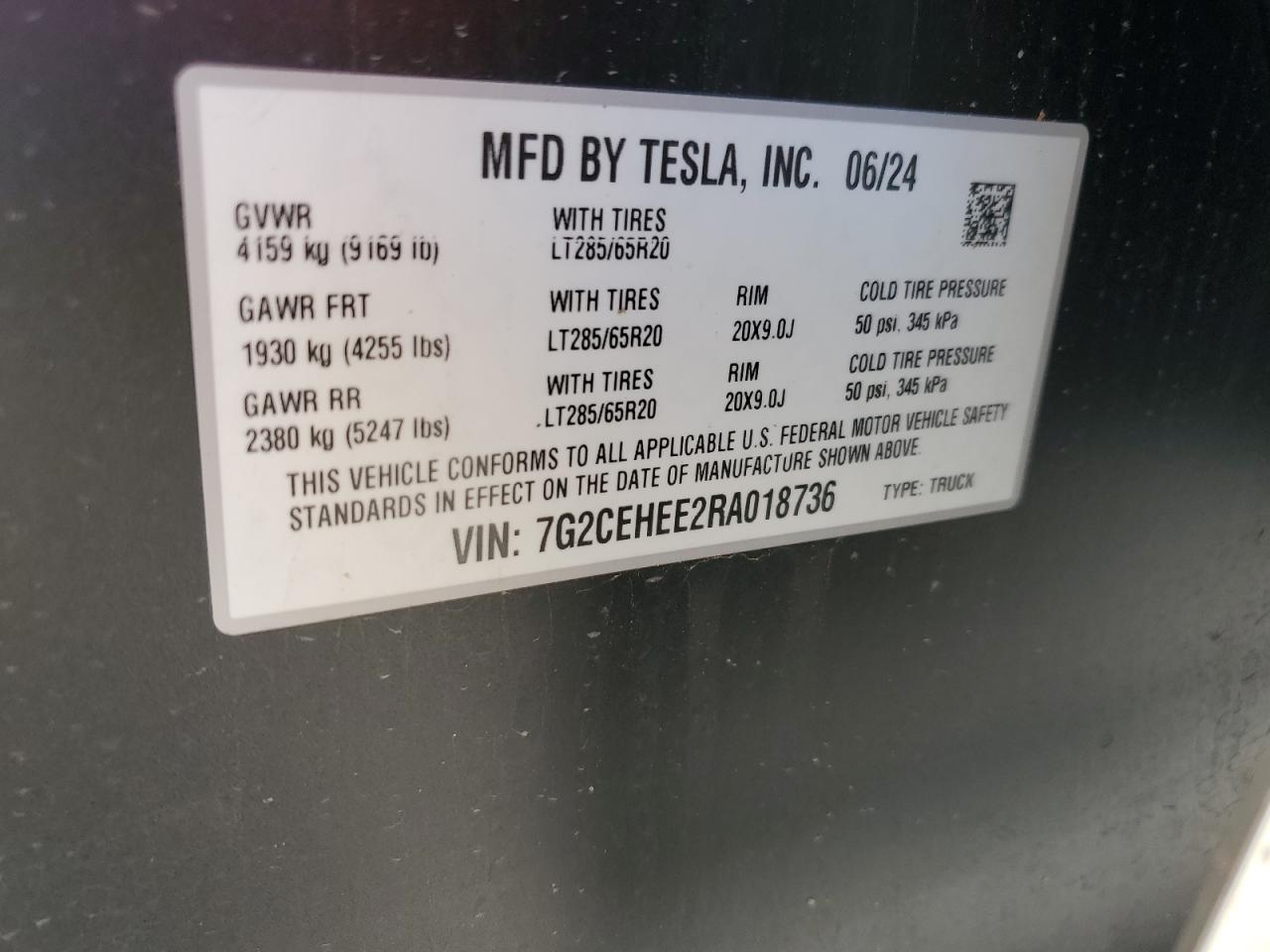 2024 TESLA CYBERTRUCK VIN:7G2CEHEE2RA018736