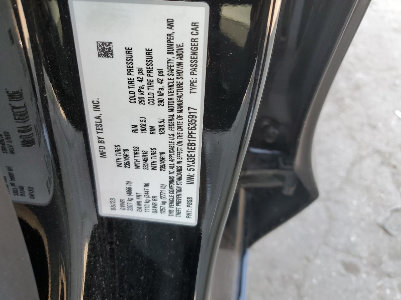 2023 TESLA MODEL 3 VIN:5YJ3E1EB1PF635917
