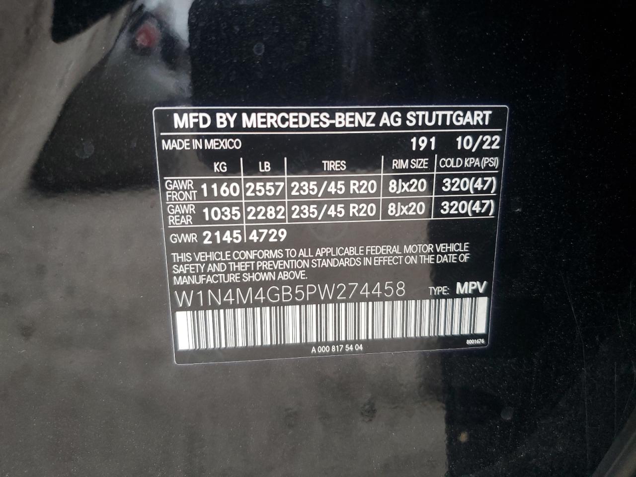 2023 MERCEDES-BENZ GLB 250 VIN:W1N4M4GB5PW274458